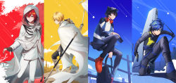 Rule 34 | 4boys, absurdres, animal hat, armor, armored boots, astel leda, bag, baseball cap, black footwear, black gloves, black hair, black jacket, black nails, black pants, black shirt, blonde hair, blue background, blue eyes, blue hair, blue jacket, boots, brown gloves, building, cape, cat hat, city, cloak, cloud, column lineup, commentary, earrings, feet out of frame, fingerless gloves, flag, full body, gloves, goggles, goggles around neck, gradient clothes, gun, hair between eyes, hanasaki miyabi, handgun, hat, headphones, headphones around neck, highres, holding, holding bag, holding flag, holding gun, holding phone, holding polearm, holding weapon, holostars, hood, hood up, hooded cloak, jacket, jewelry, kanade izuru, kishido temma, long sleeves, looking afar, looking to the side, male focus, mono (bluesky), multicolored hair, multiple boys, nail polish, official alternate costume, on one knee, on railing, pants, pauldrons, phone, polearm, pouch, purple eyes, railing, red background, red footwear, red hair, shirt, shoes, short hair, shoulder armor, sideways glance, single pauldron, single vambrace, sitting, smile, sneakers, standing, streaked hair, striped clothes, striped jacket, symbol-only commentary, thigh pouch, thigh strap, torn cape, torn clothes, tree, tunic, vambraces, virtual youtuber, waist cape, weapon, white cape, white cloak, white footwear, white pants, white shirt, white tunic, yellow background, yellow eyes