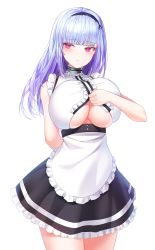 Rule 34 | 1girl, absurdres, apron, azur lane, bindong, black skirt, breasts, center frills, clothing cutout, cowboy shot, dido (azur lane), frilled apron, frilled skirt, frills, highres, huge breasts, light blush, light purple hair, long hair, looking to the side, maid, purple eyes, shirt, simple background, skirt, sleeveless, sleeveless shirt, solo, underboob, underboob cutout, white apron, white background, white shirt