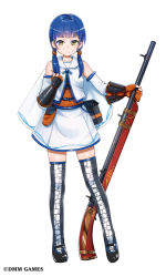 Rule 34 | 1girl, arm warmers, blue bow, blue hair, bow, capelet, expressionless, full body, gloves, gun, imai hiyoko, looking at viewer, nakatsu (oshiro project), official art, oshiro project:re, partially fingerless gloves, short hair, skirt, solo, standing, thighhighs, twintails, weapon, white background, white skirt, yellow eyes