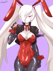 Rule 34 | 10s, 1girl, abyssal ship, alternate costume, animal ears, black gloves, black jacket, black pantyhose, choker, covered erect nipples, cropped jacket, easter, easter egg, egg, elbow gloves, fake animal ears, food, gloves, hair over one eye, hair tie, holding, holding egg, holding food, hops, jacket, kantai collection, leotard, long hair, looking at viewer, narrow waist, navel, pale skin, pantyhose, playboy bunny, purple background, rabbit ears, red eyes, red ribbon, ribbon, ribbon choker, sangue llia, simple background, smirk, solo, southern ocean oni, thigh gap, tsurime, twintails, twitter username, very long hair, white hair, wrist cuffs