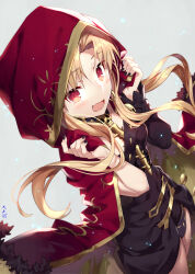 Rule 34 | 1girl, black dress, blonde hair, blush, breasts, cape, detached collar, dress, earrings, ereshkigal (fate), fate/grand order, fate (series), gabiran, gold trim, highres, hood, hood up, hooded cape, hoop earrings, jewelry, long hair, looking at viewer, medium breasts, open mouth, parted bangs, red eyes, short dress, single sleeve, skull, solo, spine, two side up