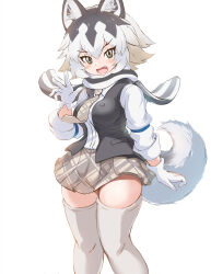 Rule 34 | 1girl, animal ears, blush, cowboy shot, eastern wolf (kemono friends), fangs, gloves, grey hair, grey necktie, grey scarf, grey skirt, grey vest, hair between eyes, highres, kemono friends, koutsuu (koutuukanseikan), long sleeves, looking at viewer, multicolored hair, necktie, open clothes, open mouth, open vest, plaid, plaid necktie, plaid skirt, pleated skirt, scarf, short hair, sidelocks, skirt, sleeve cuffs, smile, solo, tail, thighhighs, two-tone hair, two-tone scarf, vest, white gloves, white hair, white scarf, white thighhighs, wolf ears, wolf girl, wolf tail, yellow eyes, zettai ryouiki