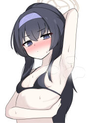 Rule 34 | 1girl, armpits, bikini, black bikini, black hair, blue archive, blush, breasts, closed mouth, extremely stinky, hair between eyes, halo, highres, long hair, looking at viewer, official alternate costume, purple eyes, ringda, simple background, small breasts, solo, stinky, swimsuit, ui (blue archive), ui (swimsuit) (blue archive), upper body, white background