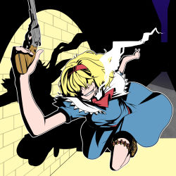 Rule 34 | 1girl, absurdres, alice margatroid, alley, ammunition belt, ascot, asha, bandolier, blonde hair, blue dress, boots, breasts, brick wall, brown footwear, bullet, capelet, cigarette, commentary request, cookie (touhou), dress, female focus, foreshortening, frilled capelet, frills, full body, grin, gun, hair over eyes, hairband, handgun, highres, holding, holding gun, holding weapon, jigen (cookie), lupin iii, medium breasts, night, outdoors, parody, red ascot, red hairband, revolver, running, short hair, short sleeves, smile, smoke, smoking, solo, spotlight, style parody, touhou, weapon, white capelet