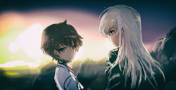 Rule 34 | 2girls, backlighting, blue eyes, brown eyes, brown hair, film grain, frown, hanna-justina marseille, highres, hill, jacket, kabuyama kaigi, katou keiko, leather, leather jacket, long hair, looking away, multiple girls, pink hair, short hair, strike witches, sunlight, sunset, upper body, witches of africa, world witches series