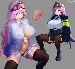 Rule 34 | 1girl, ace (playing card), ace of hearts, black panties, black thighhighs, breasts, card, closed mouth, collared shirt, disembodied hand, eyewear on head, firstw1, girls&#039; frontline, grey background, heart, highres, huge breasts, invisible chair, long hair, long sleeves, multiple views, navel, open mouth, panties, partially unbuttoned, pink hair, playing card, shirt, sig mcx (girls&#039; frontline), simple background, sitting, skirt, thighhighs, underwear, white shirt