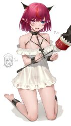 Rule 34 | 3girls, absurdres, bare shoulders, barefoot, bdsm, bondage, bound, breasts, chibi, dress, fangs, gloves, highres, holding, holding riding crop, hololive, hololive english, houshou marine, irys (casualrys) (hololive), irys (hololive), kneeling, large breasts, multiple girls, official alternate costume, parted lips, purple hair, riding crop, see-through, shiranui flare, shiranui flare (street), short hair, simple background, somebody (leiking00), teeth, tongue, upper teeth only, virtual youtuber, white background, white dress, white gloves, yuri