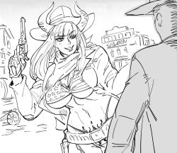 Rule 34 | 1boy, 1girl, abs, american flag bikini, bb (baalbuddy), belt, bikini, breasts, commission, cowboy hat, cowboy western, finger on trigger, flag print, greyscale, gun, hand up, handgun, hat, highleg, highleg panties, highres, holding, holding gun, holding weapon, horns, large breasts, long hair, looking at viewer, monochrome, navel, original, panties, parted lips, pubic tattoo, revolver, saloon, scarf, smile, solo focus, swimsuit, tattoo, toned, underwear, weapon