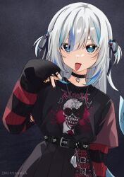 Rule 34 | 1girl, black choker, black nails, blue eyes, blue hair, choker, choppy bangs, commentary, cosplay, emo fashion, english commentary, fins, fish tail, gawr gura, grey background, hair between eyes, hair ornament, highres, hololive, hololive english, jewelry, long sleeves, looking at viewer, mittsu, multicolored hair, nanashi mumei, nanashi mumei (cosplay), nanashi mumei (emo), necklace, piercing, pleated skirt, shark hair ornament, shark tail, short hair, skirt, solo, streaked hair, striped clothes, sweater under shirt, tail, tongue, tongue out, tongue piercing, twitter username, two side up, upper body, virtual youtuber, white hair