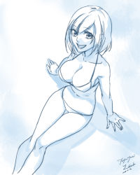 Rule 34 | 1girl, 2016, :d, arms at sides, artist name, bare legs, bare shoulders, bikini, blue background, blue theme, breasts, cleavage, collarbone, covered erect nipples, dated, fingernails, from above, groin, large breasts, legs, lineart, looking at viewer, monochrome, navel, open mouth, original, shadow, short hair, signature, sitting, smile, solo, stomach, strap gap, string bikini, swimsuit, teeth, tenjou tsuki, thigh gap, two-tone background
