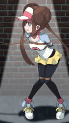 Rule 34 | 1girl, absurdres, arms behind back, bdsm, black pantyhose, blue eyes, bound, bow, breasts, brick wall, brown hair, chimu xingcheng, collar, collarbone, commentary request, creatures (company), double bun, full body, game freak, hair bun, highres, knees together feet apart, leash, long hair, looking to the side, nintendo, open mouth, pantyhose, pantyhose under shorts, pigeon-toed, pink bow, pokemon, pokemon bw2, raglan sleeves, rosa (pokemon), shirt, shoes, short shorts, shorts, sneakers, solo, spotlight, standing, twintails, visor cap, yellow shorts
