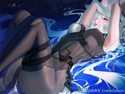 Rule 34 | 1girl, arknights, arms up, between breasts, black bodysuit, bodysuit, breasts, chinese commentary, elbow gloves, feet out of frame, gloves, hair between eyes, hat, knees up, lips, long hair, looking at viewer, lying, lying on water, medium breasts, official alternate costume, on back, parted lips, red eyes, sharp teeth, single glove, skin tight, solo, specter (arknights), specter the unchained (arknights), stine r, strap between breasts, teeth, thigh strap, upper teeth only, very long hair, water, weibo watermark, white gloves, white hair