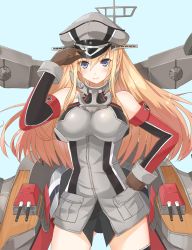 Rule 34 | 10s, 1girl, bare shoulders, bismarck (kancolle), black panties, blonde hair, blue eyes, blush, breasts, brown gloves, detached sleeves, gloves, hand on headwear, hand on own hip, hat, highres, kagerou (shadowmage), kantai collection, large breasts, long hair, long sleeves, machinery, military, military uniform, panties, peaked cap, solo, turret, underwear, uniform