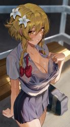 Rule 34 | 1girl, absurdres, blonde hair, blush, breasts, cleavage, collarbone, cozyu, flower, genshin impact, hair flower, hair ornament, highres, large breasts, looking at viewer, lumine (genshin impact), medium hair, shirt, sidelocks, smile, solo, thighs, wet, wet clothes, wet shirt, yellow eyes