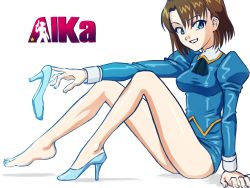 Rule 34 | 1girl, agent aika, aika (series), arm support, ascot, bad id, bad pixiv id, barefoot, black ascot, blue delmo, blue eyes, blue footwear, blue jacket, blue skirt, breasts, brown hair, cadomium, commentary request, copyright name, delmo, delmogeny uniform, extra, feet, full body, high heels, highres, jacket, juliet sleeves, knees up, legs, long sleeves, medium breasts, parted bangs, pencil skirt, puffy sleeves, shoes, simple background, single shoe, sitting, skirt, taut clothes, thighs, uniform, white background