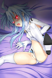 Rule 34 | 10s, 1girl, ahoge, bed sheet, blanc (neptunia), blue hair, blush, breasts, clothing aside, commentary request, elbow gloves, female focus, gloves, glowing, glowing eyes, kamia (not found), leotard, leotard aside, looking at viewer, lying, neptune (series), no panties, on side, open mouth, petite, power symbol, power symbol-shaped pupils, pussy, pussy juice, red eyes, short hair with long locks, skin tight, small breasts, solo, spread legs, sweatdrop, symbol-shaped pupils, thighhighs, uncensored, white heart (neptunia)