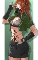 Rule 34 | 1girl, absurdres, belt, belt pouch, bikini, bikini top only, black bikini, black gloves, black shorts, breasts, cleavage, code vein, cropped jacket, detached collar, fax61209, fingerless gloves, gloves, green jacket, hand on own hip, hand up, highres, jacket, long hair, looking at viewer, mask, mouth mask, murasame rin (code vein), open clothes, open jacket, orange eyes, orange hair, ponytail, pouch, short sleeves, shorts, simple background, small breasts, solo, stomach tattoo, swimsuit, tattoo, twisted torso, waving