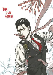 Rule 34 | 1boy, artist name, black hair, copyright name, gloves, joseph oda, male focus, necktie, no eyewear, red eyes, signature, solo, tentacles, tentacles, tentacles on male, the evil within, vest, waistcoat, wing556