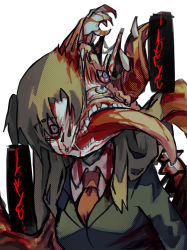 Rule 34 | 1girl, absurdres, black jacket, blood, bloodshot eyes, blue eyes, body horror, breasts, brown hair, coco (556ch0cl8), commentary request, employee (project moon), formal, guro, highres, injury, jacket, lobotomy corporation, long hair, medium breasts, necktie, nothing there, project moon, red necktie, shirt, solo, suit, suit jacket, white background, white shirt, wide-eyed
