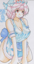 Rule 34 | 1girl, alternate costume, aoneco, armband, bare shoulders, bow, breasts, cleavage, dress, female focus, hat, highres, large breasts, pink hair, red eyes, ribbon, saigyouji yuyuko, short hair, smile, solo, touhou, traditional media, triangular headpiece
