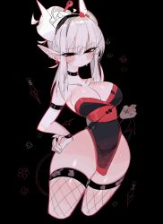 1girl arm_strap bare_shoulders black_background black_choker black_dress black_eyes black_hairband black_tail blush breasts choker cleavage clenched_hand closed_mouth collarbone demon_girl demon_horns demon_tail dot_nose dress ear_piercing earrings fishnet_thighhighs fishnets flower hair_bun hair_ornament hairband hand_on_own_hip helltaker highres horns jewelry kunai large_breasts lucifer_(helltaker) mole mole_under_eye pale_skin panties_visible_through_clothes pelvic_curtain piercing pointy_ears red_dress see-through_clothes see-through_dress shiny_skin sidelocks simple_background sleeveless sleeveless_dress solo standing strapless sweatdrop tail thick_thighs thighhighs thighs usa37107692 weapon white_hair white_horns