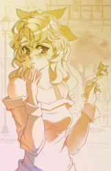 Rule 34 | 1girl, birthday, blind, blonde hair, bow, cake, casual, dessert, eating, food, fork, highres, holding, icing, katawa shoujo, long hair, monochrome, pastry, ponytail, rtil, satou lilly, solo