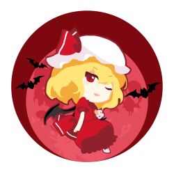 Rule 34 | 1girl, bat (animal), blonde hair, bow, bowtie, chibi, commentary request, flandre scarlet, hat, highres, kaigen 1025, medium hair, mob cap, moon, no nose, one eye closed, open mouth, puffy short sleeves, puffy sleeves, red bow, red bowtie, red moon, red ribbon, red shirt, red skirt, ribbon, shirt, short sleeves, single blush sticker, skirt, sleeve bow, smile, solo, touhou, white hat