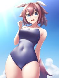 Rule 34 | 1girl, animal ears, arms behind back, blue sky, breasts, brown hair, cloud, commentary request, competition school swimsuit, covered navel, cowboy shot, hair flaps, highres, horse ears, horse girl, horse tail, looking at viewer, medium breasts, pataneet, sakura chiyono o (umamusume), school swimsuit, short hair, sky, solo, standing, swimsuit, tail, umamusume
