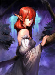 Rule 34 | 1girl, backless dress, backless outfit, bare shoulders, blood elf (warcraft), breasts, detached sleeves, dress, elf, lips, long hair, long pointy ears, long sleeves, looking at viewer, medium breasts, orange eyes, original, patipat asavasena, pointy ears, solo, warcraft, world of warcraft
