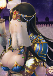 Rule 34 | 1girl, arm wrap, armlet, armor, arms under breasts, bandaged arm, bandages, black hair, blue armor, breasts, chain, circlet, dark-skinned female, dark skin, fate/grand order, fate (series), feathers, forehead jewel, green eyes, hyackban, large breasts, leaning forward, long hair, looking at viewer, mouth veil, parted bangs, pauldrons, scheherazade (fate), scroll, shoulder armor, solo, staff, veil