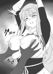 Rule 34 | 1boy, 1girl, arms up, blush, bodysuit, breasts, breasts out, breasts squeezed together, clenched teeth, closed eyes, dark-skinned male, dark skin, deep skin, greyscale, hetero, highres, hiiragi akao, jinki, large breasts, long hair, monochrome, nipples, rape, restrained, solo focus, sweat, tears, teeth, torn clothes, trembling, upper body, yamada hatsune