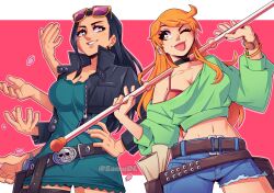 Rule 34 | 2girls, belt, black hair, bracelet, breasts, brown eyes, choker, collarbone, commentary, cowboy shot, cropped jacket, english commentary, extra arms, gun, hana hana no mi, hand on own hip, handgun, highres, holster, holstered, jewelry, large breasts, multiple girls, nami (one piece), navel, nico robin, one eye closed, one piece, orange eyes, orange hair, samu (samudl), smile, sunglasses, teeth, tongue, tongue out, twitter username, weapon