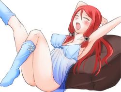 Rule 34 | 1girl, arc system works, ass, blazblue, blazblue: continuum shift, blush, breasts, camisole, cleavage, closed eyes, hair tubes, long hair, mutsuki yui, naked shirt, open mouth, pillow, red hair, shirt, sleepy, socks, stretching, tears, tsubaki yayoi, yawning
