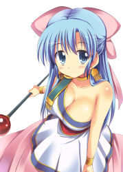 Rule 34 | 1girl, akane souichi, bad id, bad pixiv id, bare shoulders, blue eyes, blue hair, blush, bow, bracelet, breasts, cleavage, dragon quest, dragon quest v, dress, earrings, flora (dq5), hair bow, half updo, jewelry, large breasts, long hair, matching hair/eyes, pink bow, simple background, smile, solo, staff