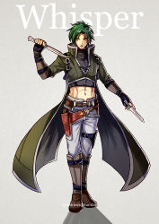 Rule 34 | 1boy, abs, bad id, bad tumblr id, boots, cloak, dagger, dual wielding, fingerless gloves, fire emblem, fire emblem: radiant dawn, gloves, green hair, grey background, gzei, holding, holding dagger, holding knife, holding weapon, knife, male focus, nintendo, simple background, solo, sothe, weapon, yellow eyes
