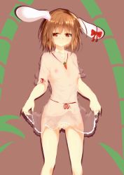 Rule 34 | 1girl, animal ears, bamboo, blush, breasts, brown background, brown eyes, brown hair, carrot necklace, covered erect nipples, cowboy shot, inaba tewi, jewelry, looking at viewer, mikage000, mikagemaru (mikage000), necklace, no bra, no panties, pendant, pussy, rabbit ears, ribbon, see-through, shadow, short hair, short sleeves, silhouette, simple background, skirt hold, small breasts, solo, touhou, uncensored, wavy mouth