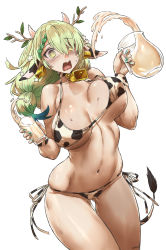 Rule 34 | 1girl, animal ears, animal print, antlers, bell, bikini, blush, bouncing breasts, branch, breasts, ceres fauna, cow ears, cow horns, cow print, cow print bikini, cow tail, cowbell, cup, drinking glass, earrings, flower, gluteal fold, green hair, hair flower, hair ornament, haraya manawari, highres, holding, holding cup, hololive, hololive english, horns, jewelry, large breasts, leaf, long hair, low-tied long hair, milk, navel, neck bell, open mouth, pitcher (container), print bikini, side-tie bikini bottom, simple background, skindentation, solo, stomach, sweat, swimsuit, tail, thigh gap, thighs, virtual youtuber, white background, white flower, yellow eyes