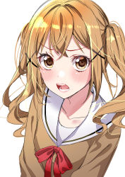 Rule 34 | 1girl, absurdres, annoyed, bang dream!, blonde hair, blush, brown shirt, commentary request, crossed bangs, hair ornament, hanasakigawa school uniform, highres, ichigaya arisa, long hair, long sleeves, looking at viewer, neck ribbon, open mouth, red ribbon, ribbon, sailor collar, school uniform, serafuku, shirt, simple background, sketch, solo, teeth, tottoto tomekichi, twintails, upper body, v-shaped eyebrows, white background, white sailor collar, x hair ornament, yellow eyes