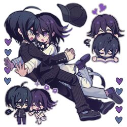 2boys ahoge anger_vein arm_belt black_hair buttons checkered_clothes checkered_scarf chibi collared_jacket danganronpa_(series) danganronpa_v3:_killing_harmony flipped_hair flower_(symbol) full_body grey_outline hair_between_eyes hashtag-only_commentary hat heart highres hug jacket long_sleeves male_focus multiple_boys oma_kokichi open_mouth outline pants pinstripe_jacket pinstripe_pants pinstripe_pattern purple_eyes purple_hair saihara_shuichi scarf short_hair simple_background smile spoken_x squiggle straitjacket striped_clothes striped_jacket striped_pants thigh_strap two-tone_scarf unworn_hat unworn_headwear uz_(770653249d) white_background yaoi yellow_eyes