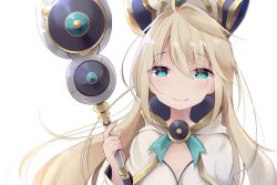 Rule 34 | 1girl, aqua eyes, blonde hair, blush, capelet, character request, chunithm, closed mouth, commentary request, dress, hair between eyes, hat, head tilt, highres, holding, holding staff, kyuukon (qkonsan), long hair, long sleeves, looking at viewer, simple background, smile, solo, staff, white background, white capelet, white dress