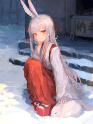 Rule 34 | 1girl, absurdres, animal, animal ears, blush, grey hair, hair ornament, hand on own cheek, hand on own face, head rest, highres, ichika (ichika87), japanese clothes, long hair, looking at viewer, miko, new year, okobo, original, outdoors, petting, platform clogs, rabbit, rabbit ears, rabbit girl, red eyes, red footwear, red skirt, sandals, skirt, smile, snow, solo, squatting, stairs, sunlight, white skirt, x hair ornament