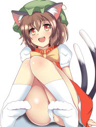Rule 34 | 1girl, :d, animal ear fluff, animal ears, blush, bow, bowtie, brown hair, cameltoe, cat ears, cat tail, chen, cleft of venus, commentary request, earrings, feet, full body, gold trim, hat, jewelry, knees together feet apart, knees up, looking at viewer, mob cap, multiple tails, nekomata, onaho (otayoku), open mouth, panties, partially visible vulva, puffy short sleeves, puffy sleeves, red eyes, short hair, short sleeves, simple background, single earring, sitting, smile, solo, tail, touhou, two tails, underwear, upskirt, white background, yellow bow, yellow bowtie