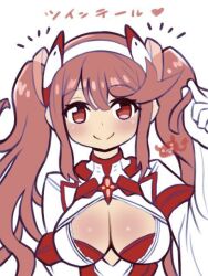 Rule 34 | 1girl, alternate hair color, alternate hair length, alternate hairstyle, blush, breasts, cleavage, hairband, large breasts, ma2acworks, pink hair, playing with own hair, pyra (xenoblade), pyra (xenoblade) (prototype), red eyes, smile, solo, twintails, xenoblade chronicles (series), xenoblade chronicles 2