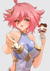Rule 34 | 1girl, bare shoulders, blush, breasts, deekei, food, highres, impossible clothes, large breasts, leotard, original, parted lips, pastry, pink hair, skin tight, solo, spoon, tohno amane (deekei), yellow eyes