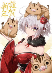 Rule 34 | 1girl, :/, ahoge, alternate costume, animal, animal on head, bare shoulders, blush, boar, breasts, cleavage, closed mouth, detached collar, egasumi, fate/grand order, fate (series), flower, fur collar, hair between eyes, hair flower, hair ornament, highres, holding, holding animal, huge breasts, japanese clothes, jeanne d&#039;arc (fate), jeanne d&#039;arc alter (avenger) (fate), jeanne d&#039;arc alter (fate), kimono, kimono pull, large breasts, looking at viewer, multicolored eyes, obi, off shoulder, on head, photobomb, piglet, print kimono, purple eyes, red flower, red kimono, sash, short hair, solo, suzuri (tennenseki), tassel, upper body, v-shaped eyebrows, white background, yellow eyes