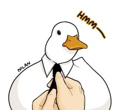 Rule 34 | 1other, animal, animal focus, artist name, bird, black necktie, detached collar, duck, highres, looking at viewer, mafiaduck (nilan), necktie, nilan 1999, original, simple background, tying necktie, white background