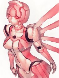 Rule 34 | 1girl, android, breasts, elenor camuel, fumio (rsqkr), large breasts, lips, nipples, phantasy star, phantasy star online, pink eyes, pink hair, racaseal, robot, simple background, solo, white background