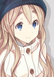 Rule 34 | 1girl, blonde hair, blue eyes, blue hat, closed mouth, commentary request, eyebrows hidden by hair, grey background, hat, k-on!, kotobuki tsumugi, kuroshima nana, long hair, looking afar, shadow, simple background, smile, solo, sweater, thick eyebrows, upper body, white sweater