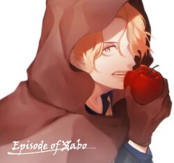 Rule 34 | apple, blonde hair, blue shirt, brown cape, brown gloves, cape, close-up, eating, food, fruit, gloves, hood, hooded cape, kazuto (kazu one a), looking at viewer, one piece, sabo (one piece), shirt, simple background, white background