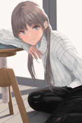 Rule 34 | 1girl, black pants, blonde hair, blue eyes, blush, chair, closed mouth, hand up, highres, hiwatari rin, indoors, long hair, long sleeves, looking at viewer, on floor, original, pants, sitting, smile, solo, sweater, turtleneck, turtleneck sweater, twintails, white sweater, window